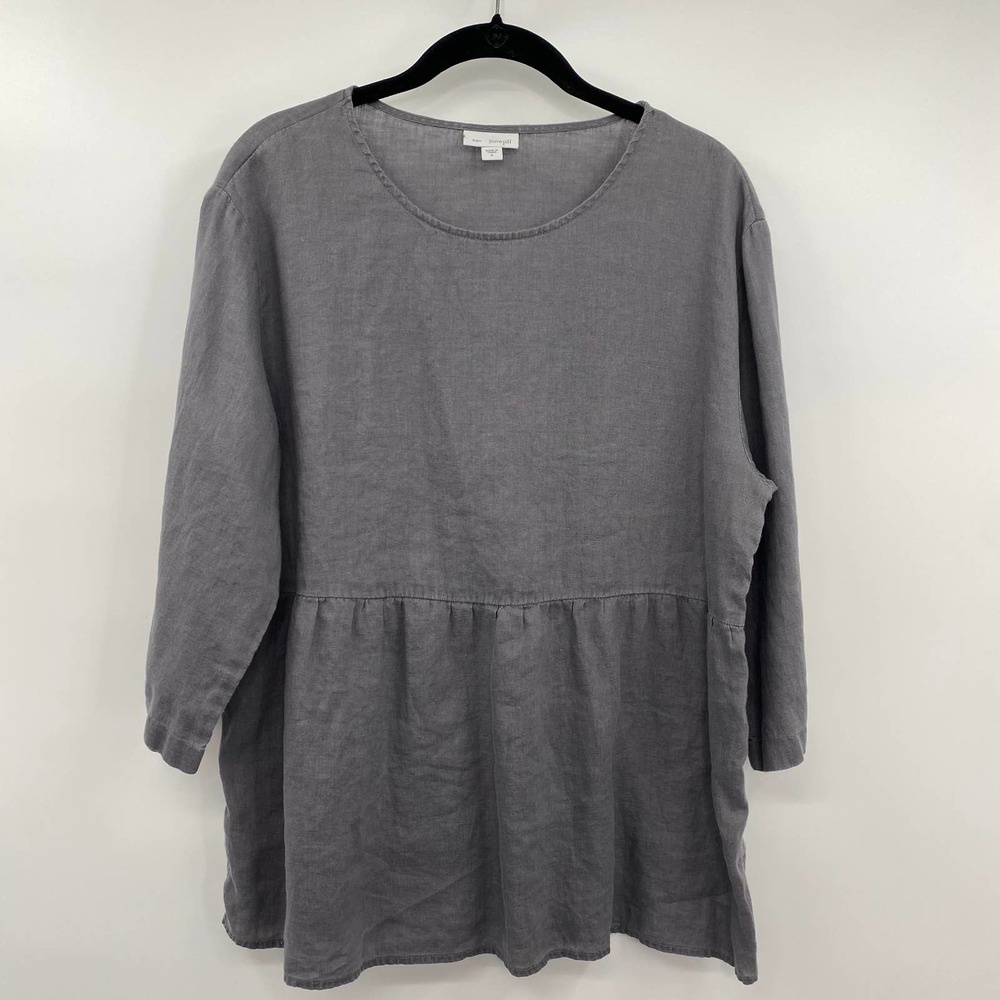 J. Jill Linen Top Long Sleeve Empire Waist Ruffle Hem Gray Womens Size Small